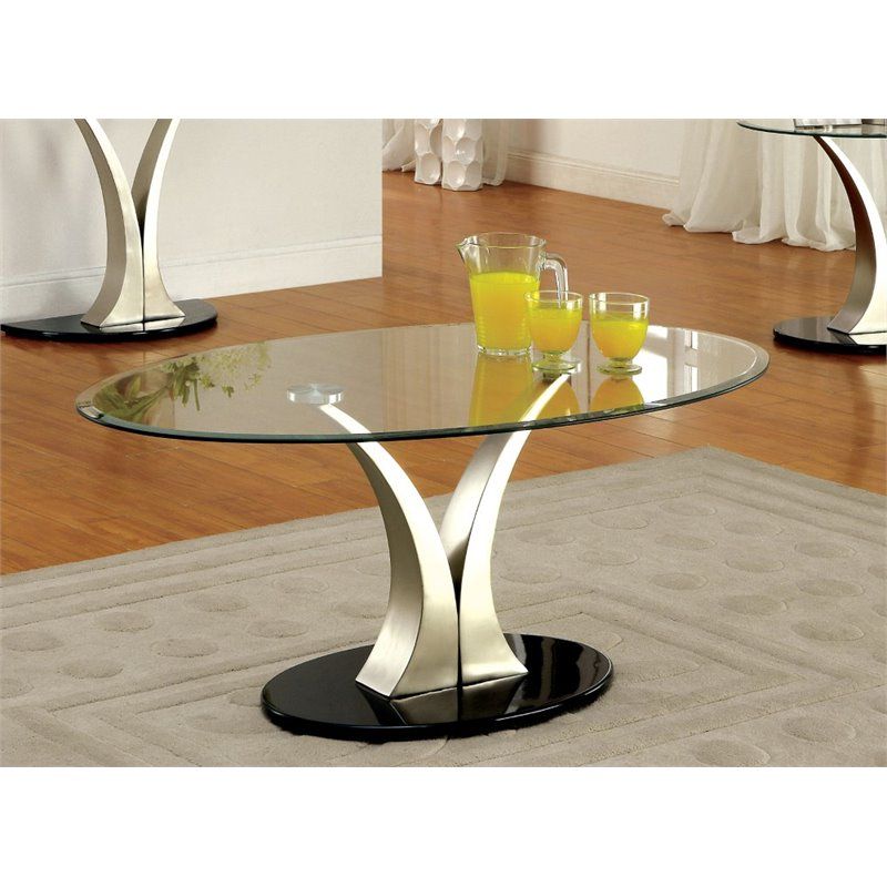 Bowery Hill Oval Glass Top Coffee Table In Satin Within 2019 Glass And Pewter Oval Coffee Tables (View 11 of 20)