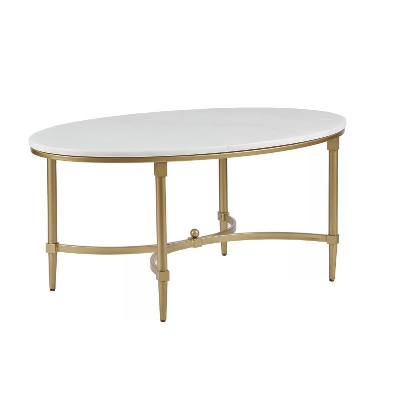 Byron Goldtone Metal Oval Coffee Table With White Marble Pertaining To Well Known White Marble Gold Metal Coffee Tables (View 1 of 20)