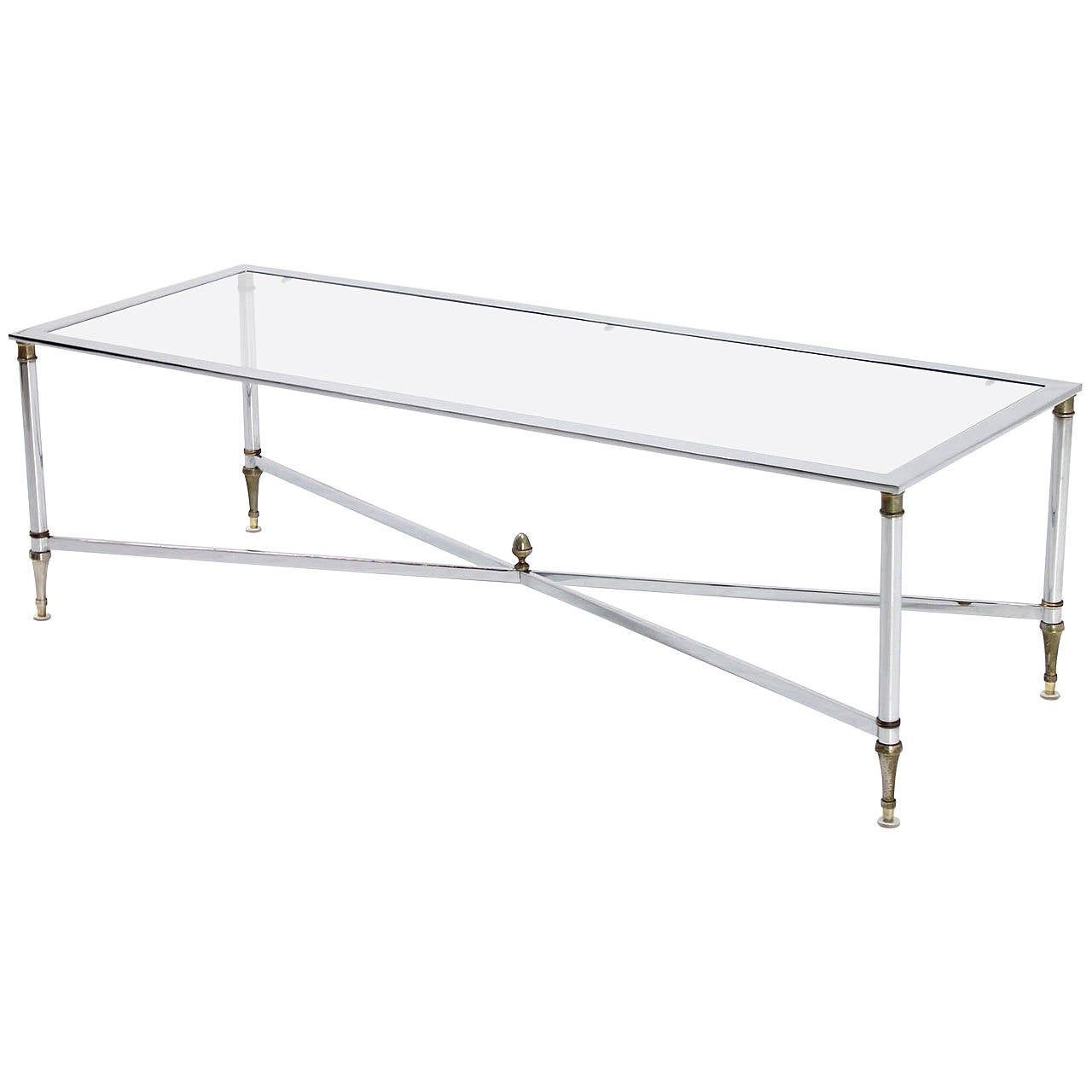 Chrome And Glass Rectangular Coffee Tables Inside Most Up To Date Chrome Brass X Base Glass Top Long Rectangle Coffee Table (View 19 of 20)