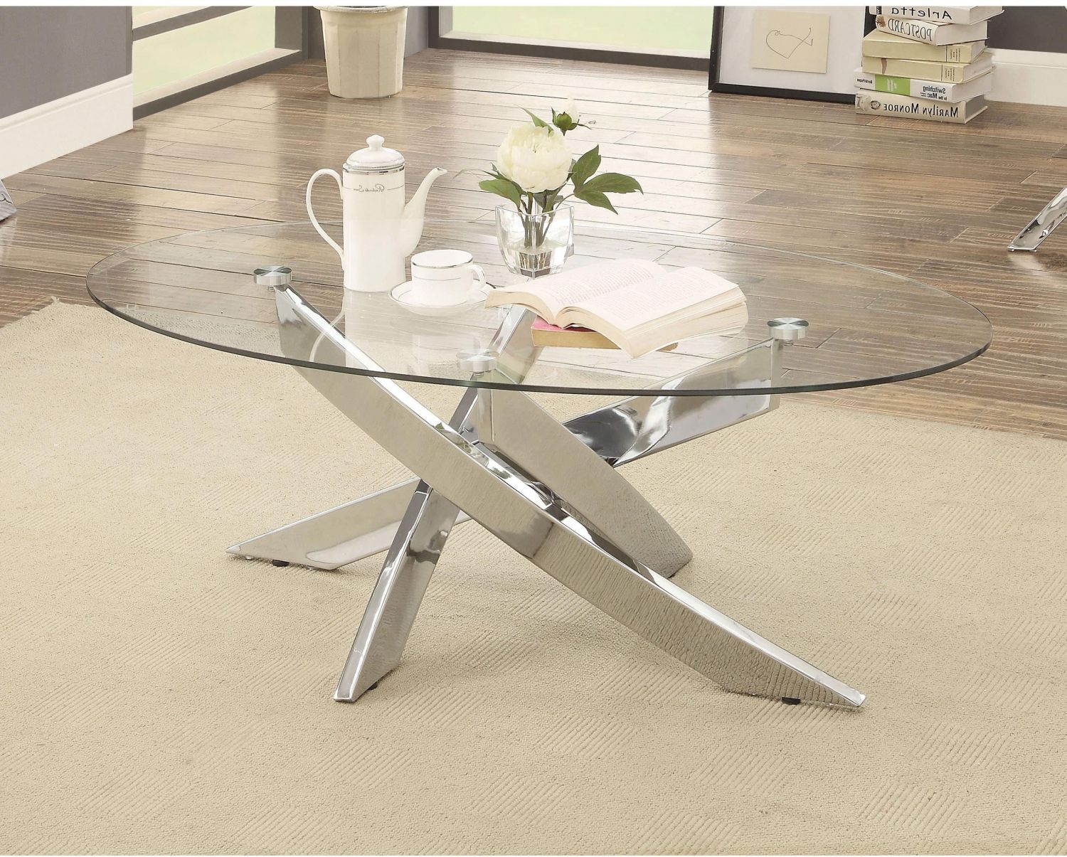 Chrome Coffee Tables Regarding Best And Newest Glass, Chrome Oval Coffee Table Shiny Silver Criss Cross (View 13 of 20)