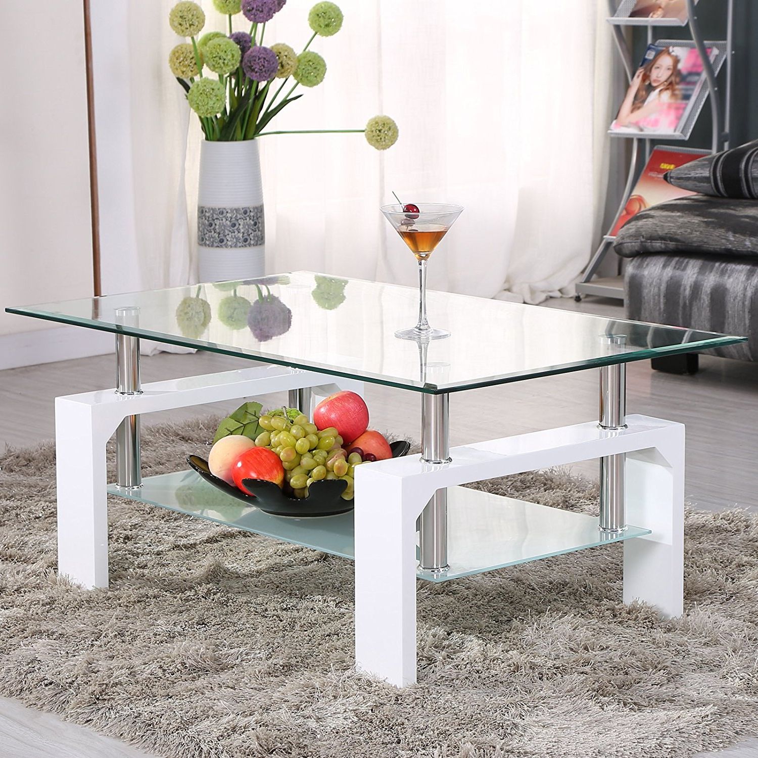 Chrome Coffee Tables Within Well Liked Uenjoy Rectangular Glass Coffee Table Shelf Chrome White (View 1 of 20)