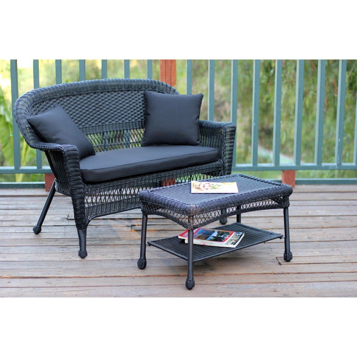 Current Black Wicker Patio Love Seat And Coffee Table Set With Regarding Black And Tan Rattan Coffee Tables (View 10 of 20)