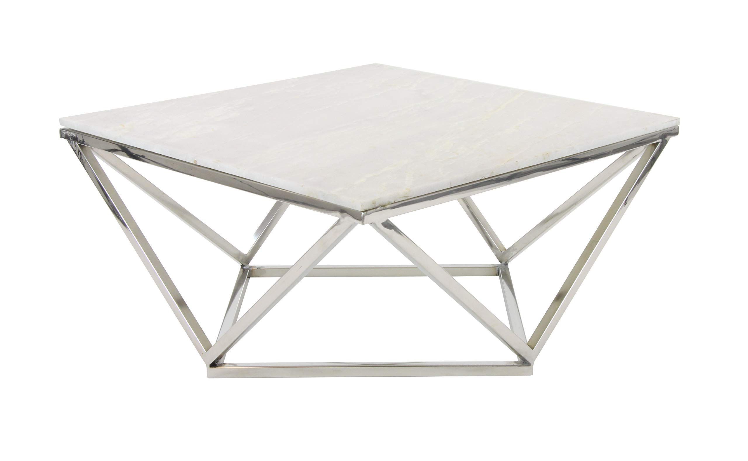 Deco 79 Square White Marble Coffee Table Silver Stainless Regarding Favorite White Geometric Coffee Tables (View 13 of 20)