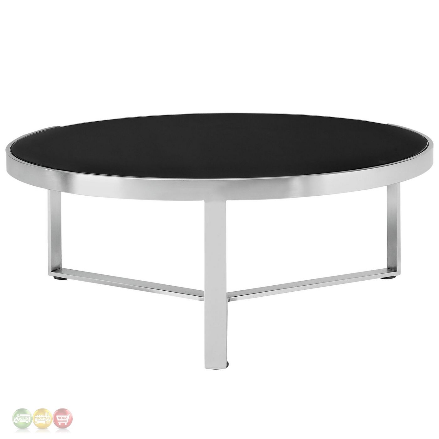 Disk Industrial Glass Top Round Coffee Table W/stainless Within Well Known Black Round Glass Top Cocktail Tables (View 12 of 20)