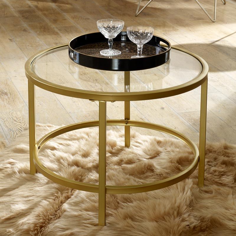Espresso Wood And Glass Top Coffee Tables Within 2019 Vintage Gold Round Glass Top Coffee Table – Windsor Browne (View 12 of 20)