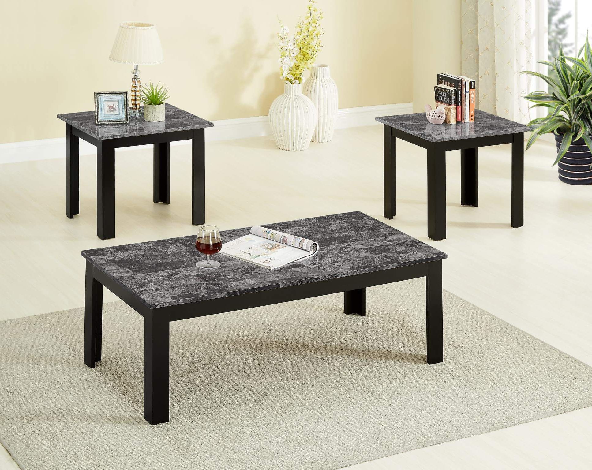 Fashionable 3 Piece Black Faux Marble Coffee And End Table Set Intended For Marble Coffee Tables Set Of  (View 12 of 20)