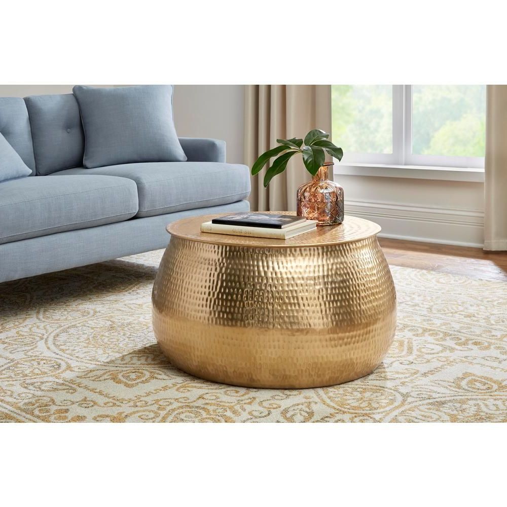 Fashionable Antique Gold Aluminum Coffee Tables Inside Home Decorators Collection Calluna Round Gold Metal Coffee (View 8 of 20)