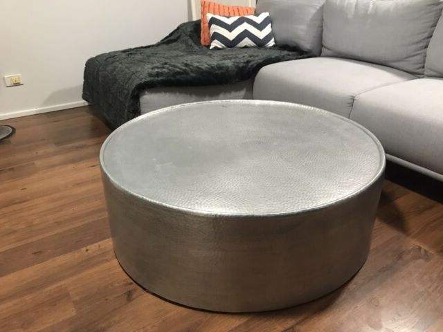 Fashionable Antique Silver Aluminum Coffee Tables Intended For Silver Hammered Metal Drum Coffee Table From Freedom (View 19 of 20)
