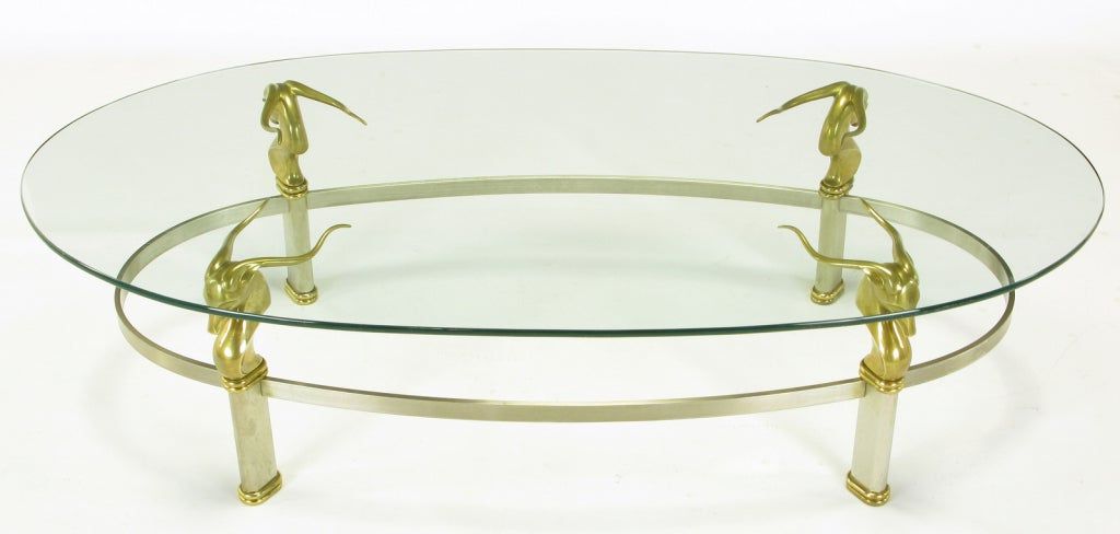 Fashionable Swan Black Coffee Tables Pertaining To Brushed Stainless Oval Coffee Table With Brass Gazelle (View 7 of 20)