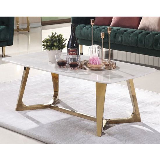 Fashionable Veneta White Marble Coffee Table With Gold Stainless Steel Throughout White Marble And Gold Coffee Tables (View 9 of 20)