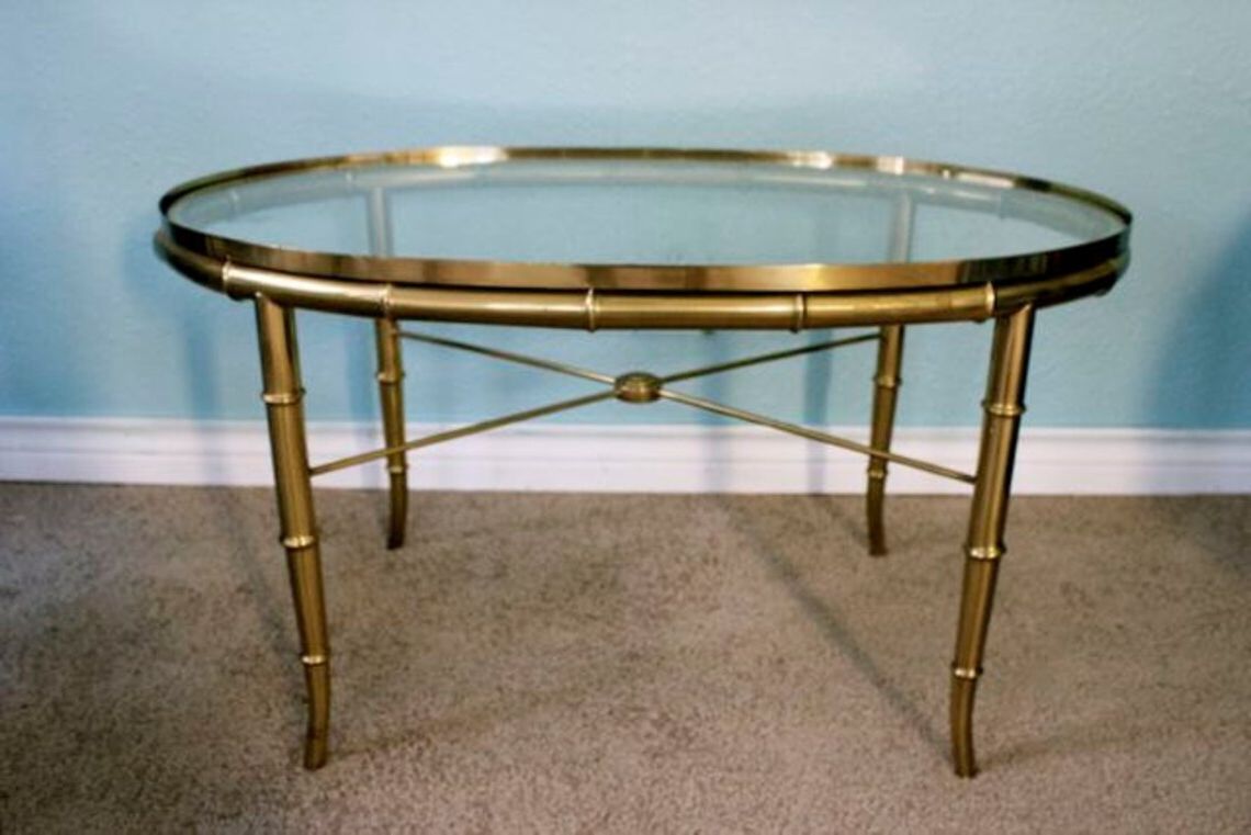 Fashionable Vintage Mastercraft Brass Oval Cocktail Table Glass Top In Antique Brass Round Cocktail Tables (View 1 of 20)
