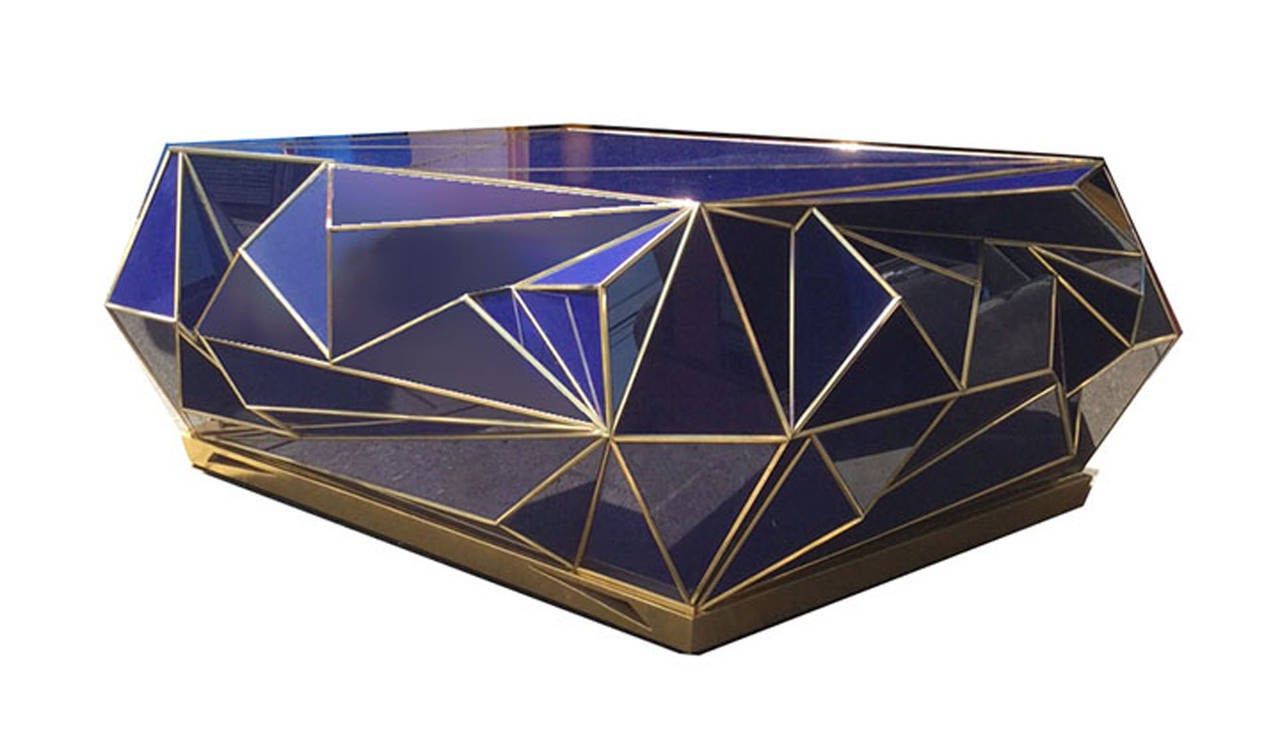 Geometric Coffee Tables In Fashionable Contemporary Brass Trimmed Cobalt Glass Geometric Coffee (View 5 of 20)