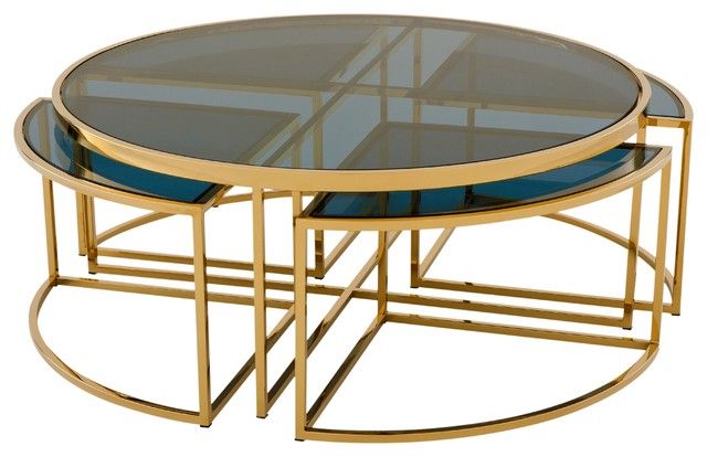 Geometric Glass Top Gold Coffee Tables Intended For Most Current Bergen Hollywood Gold Blue Glass Nesting Round Coffee (View 16 of 20)