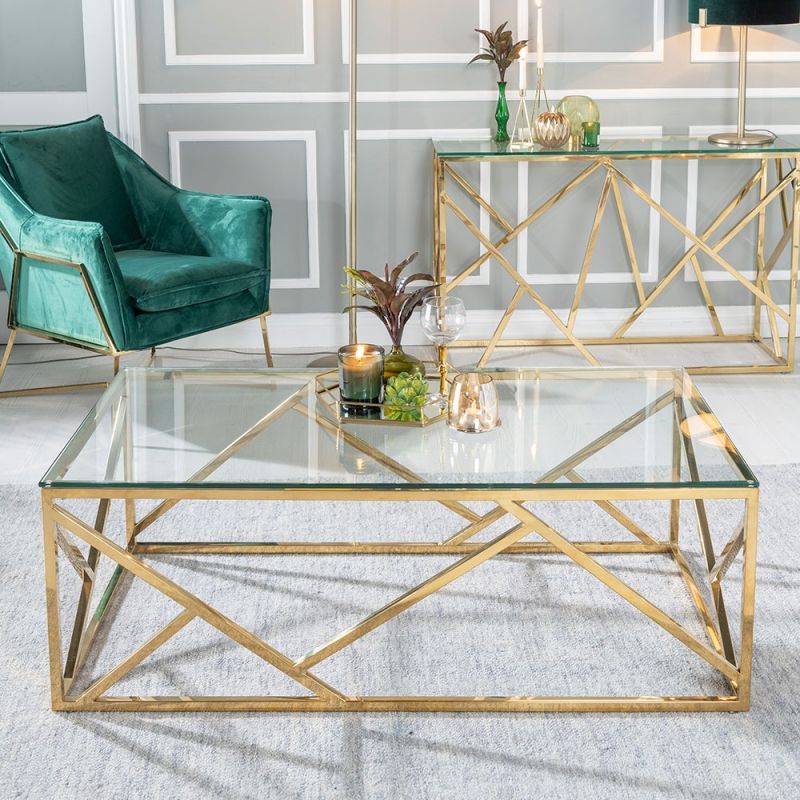 Geometric Glass Top Gold Coffee Tables With Regard To Most Recent Urban Deco Maze Coffee Table – Glass And Stainless Steel (View 1 of 20)