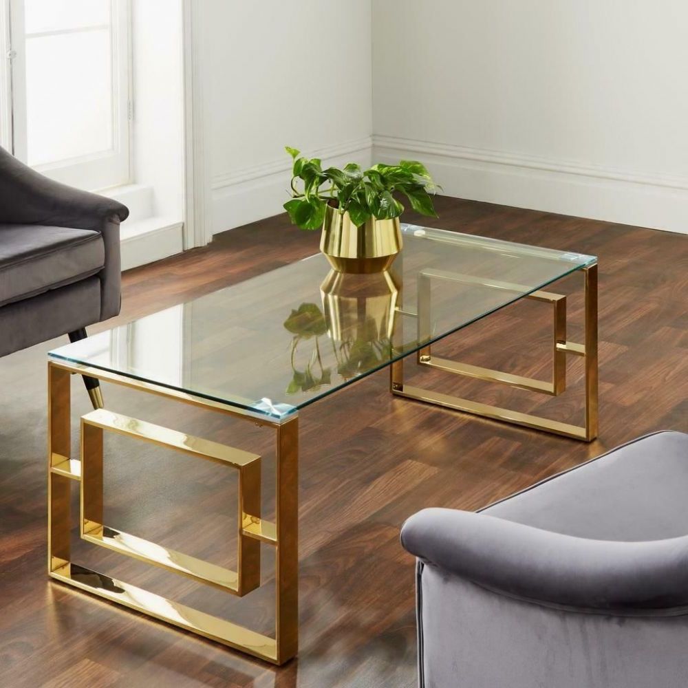 Glass And Pewter Coffee Tables For Trendy Modern Gold Stainless Steel Metal Clear Glass Top Coffee (View 20 of 20)