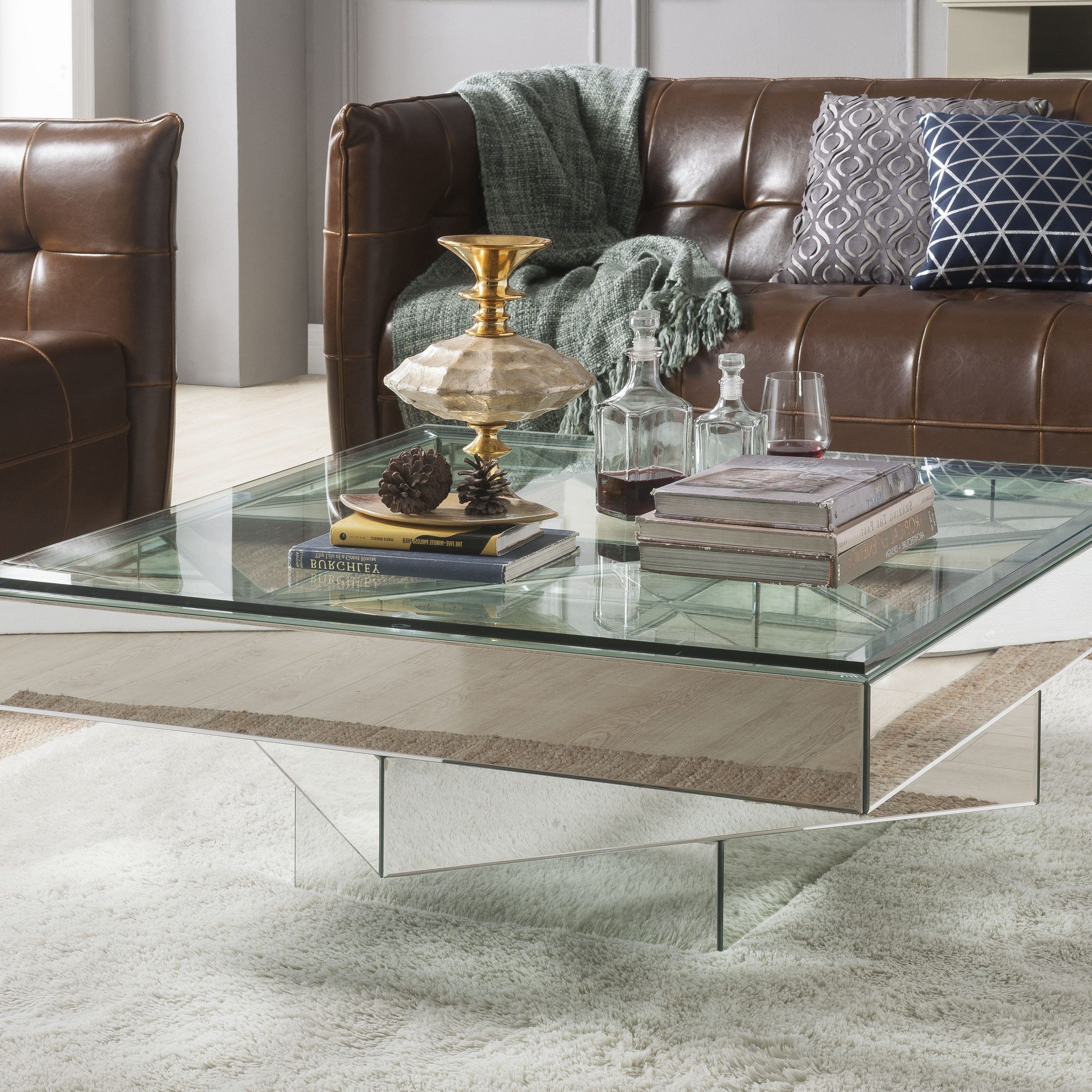 Glass And Pewter Coffee Tables In Trendy Acme Meria Square Glass Coffee Table With Mirrored Finish (View 3 of 20)