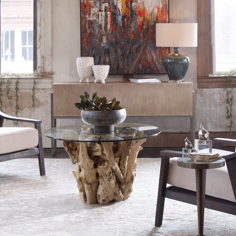 Glass Coffee Tables For Well Known Uttermost Driftwood Glass Top Cocktail Table – Rustic (View 15 of 20)