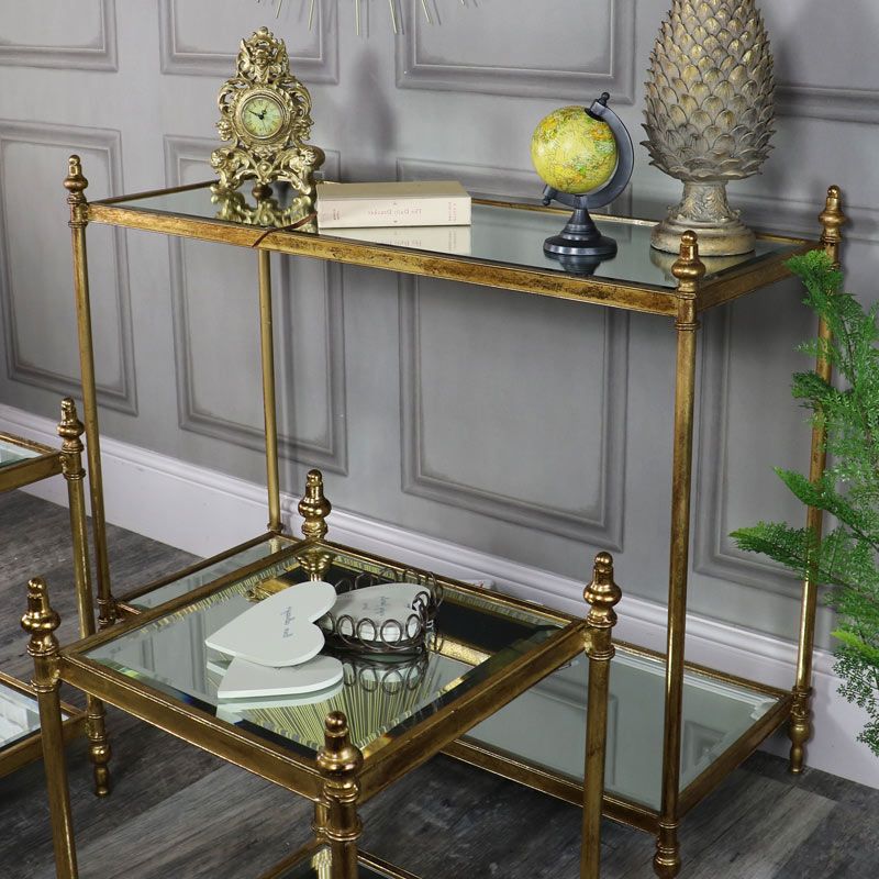 Gold And Mirror Modern Cube End Tables Throughout Widely Used Antique Gold Mirrored Console Table With 2 Side Tables (View 13 of 20)