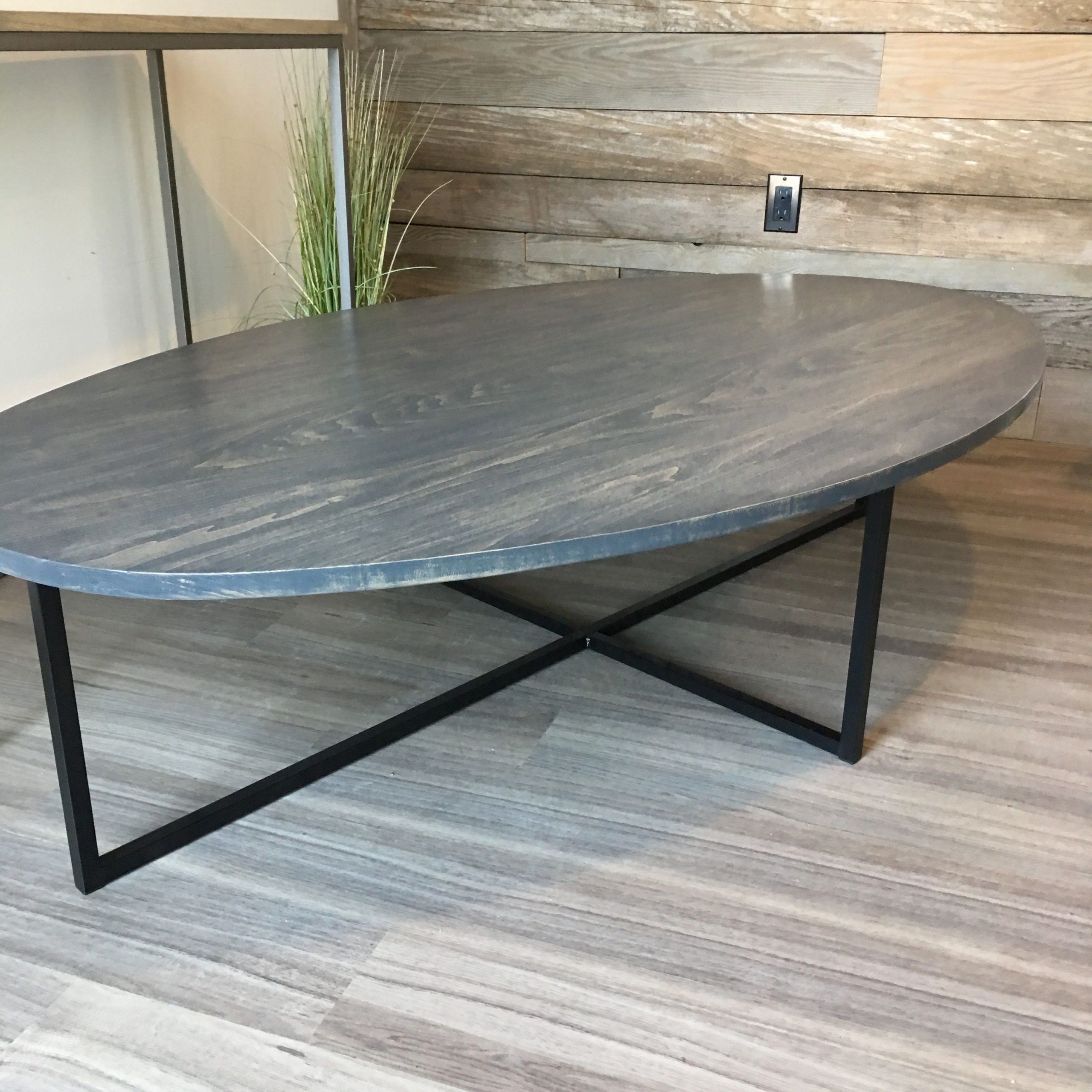 Gray Driftwood And Metal Coffee Tables Inside Newest Oval Coffee Table In Dark Grey Stain With Black Steel Base (View 6 of 20)