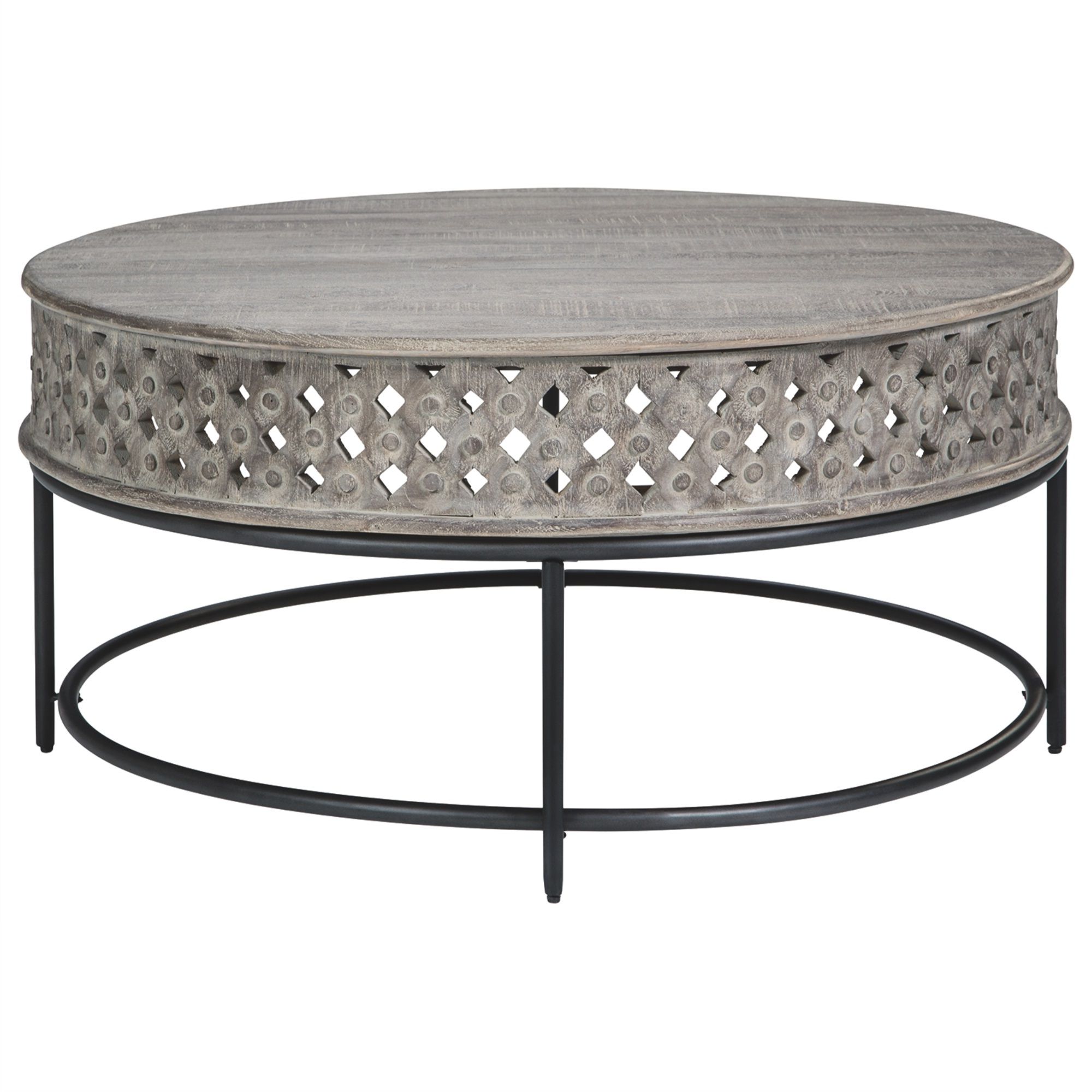 Gray Wood Veneer Cocktail Tables Regarding Famous Wooden Round Cocktail Table With Hand Carved Lattice (View 16 of 20)