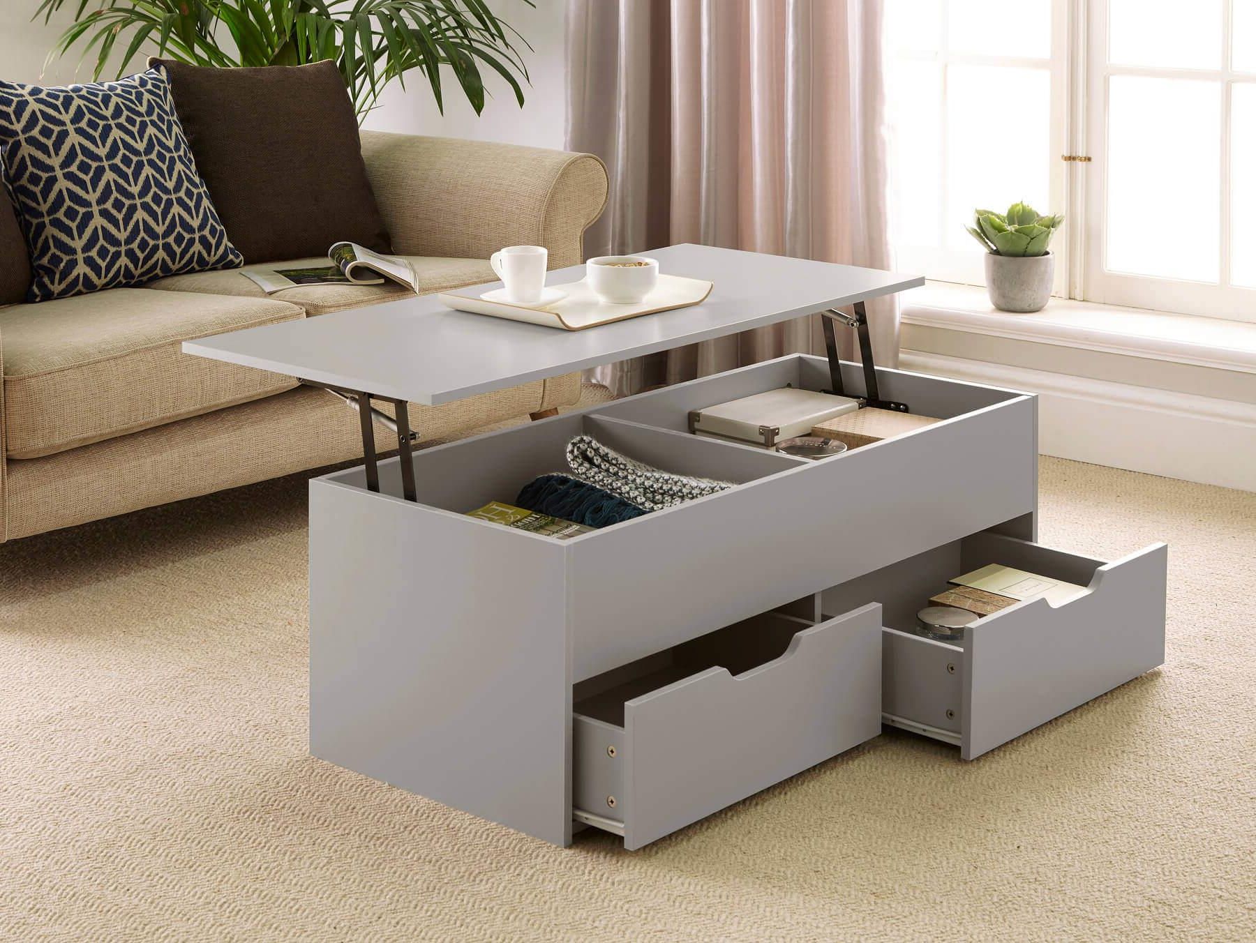 Grey Wooden Coffee Table With Lift Up Top And 2 Large With Regard To Newest Smoke Gray Wood Coffee Tables (View 6 of 20)