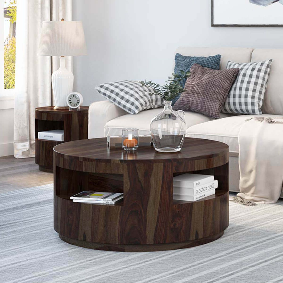 Ladonia Rustic Solid Wood Round Coffee Table With Shelves Intended For Current Wood Coffee Tables (View 10 of 20)