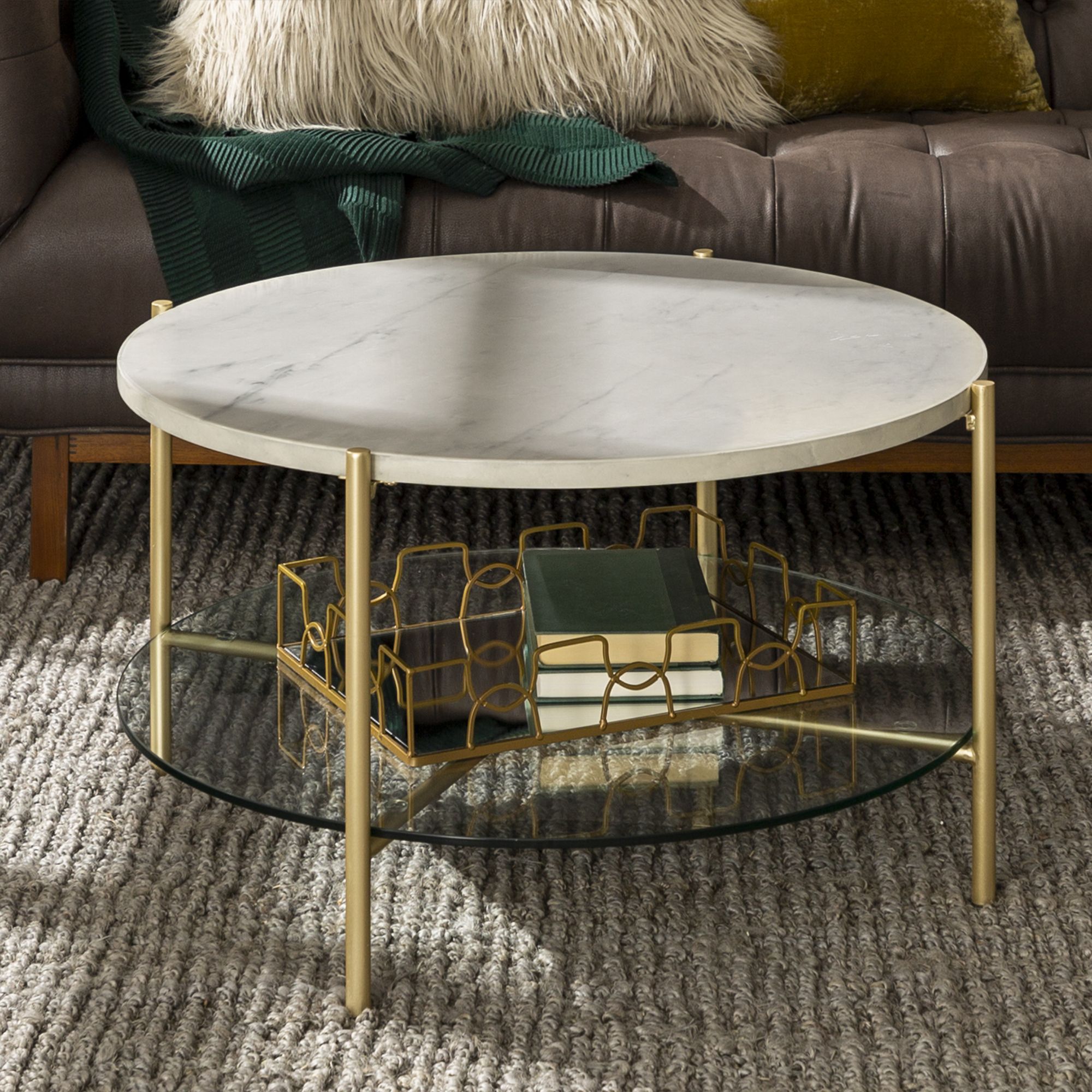 Latest White Stone Coffee Tables Regarding Manor Park Mid Century Round Coffee Table, White Marble (View 8 of 20)