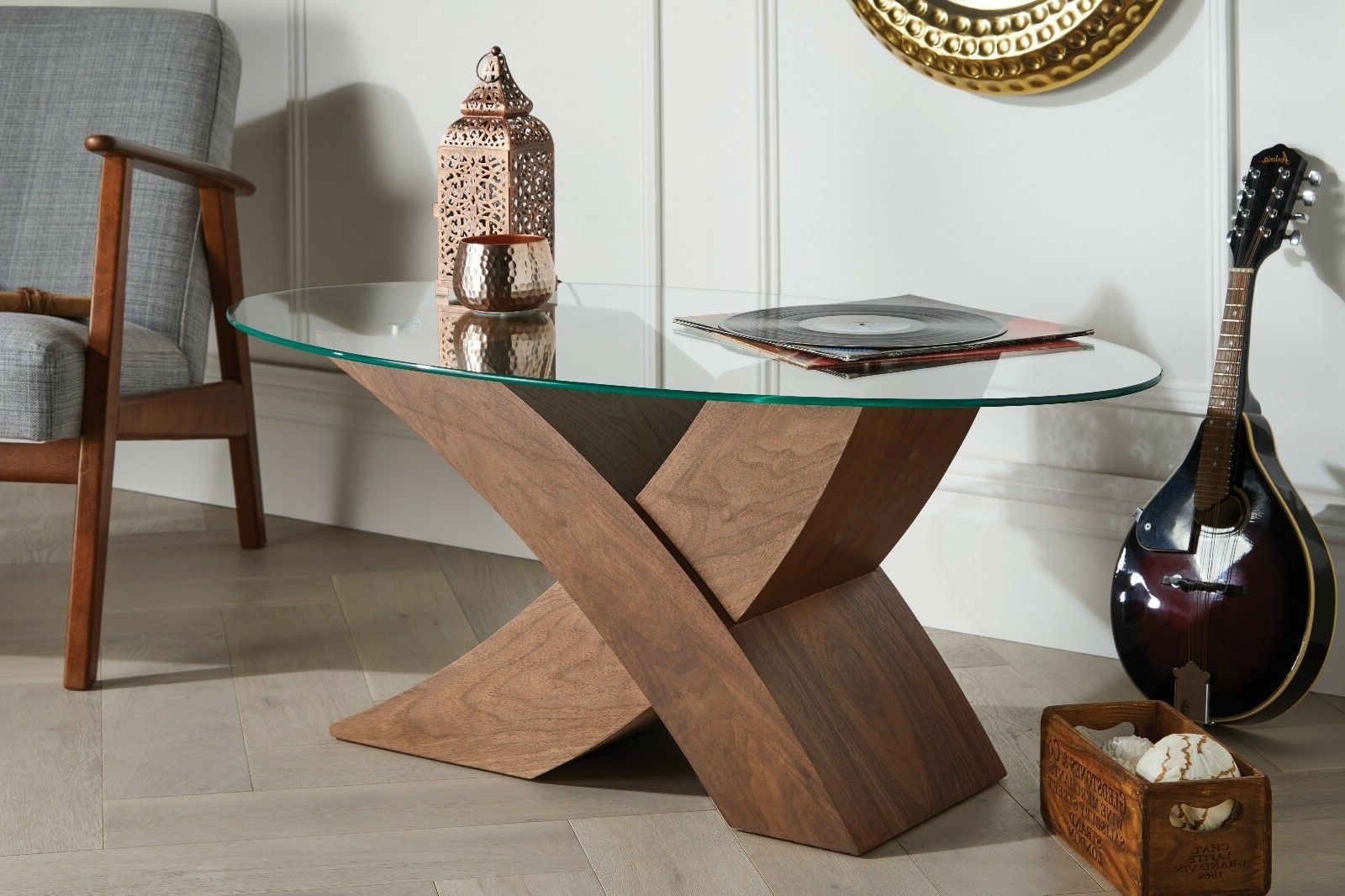 Latest Wood Veneer Coffee Tables Within Milano Designer Oval "x" Brown Wood Veneer & Glass Coffee (View 5 of 20)
