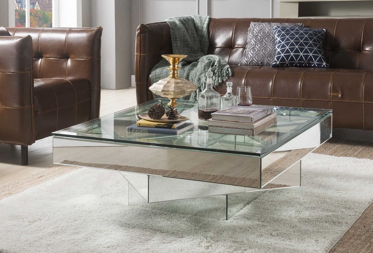 Meria 40" Square Glass Top Mirrored Coffee Table Inside Latest Espresso Wood And Glass Top Coffee Tables (View 14 of 20)