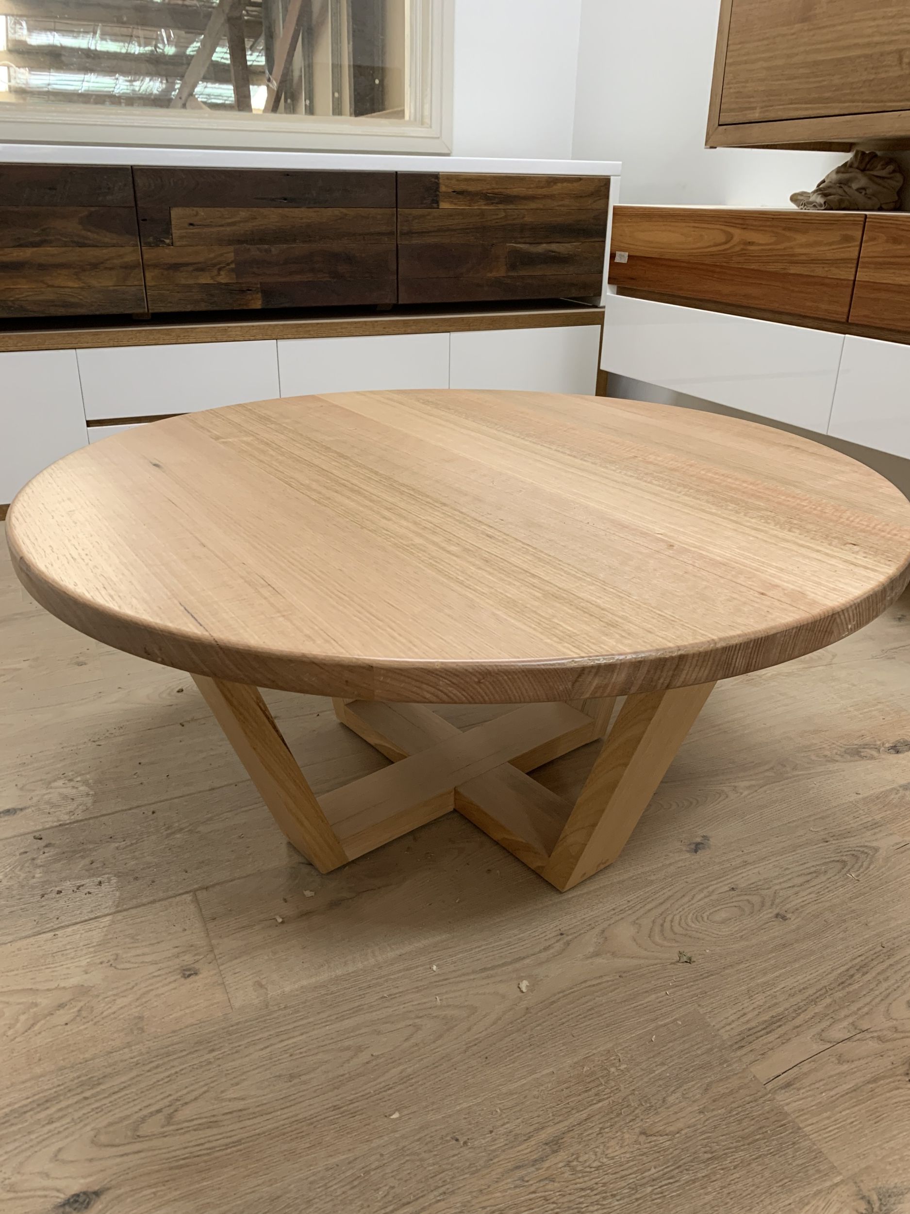 Metal And Oak Coffee Tables Intended For Favorite Tassie Oak Cross Round Coffee Table – Australian Made (View 2 of 20)