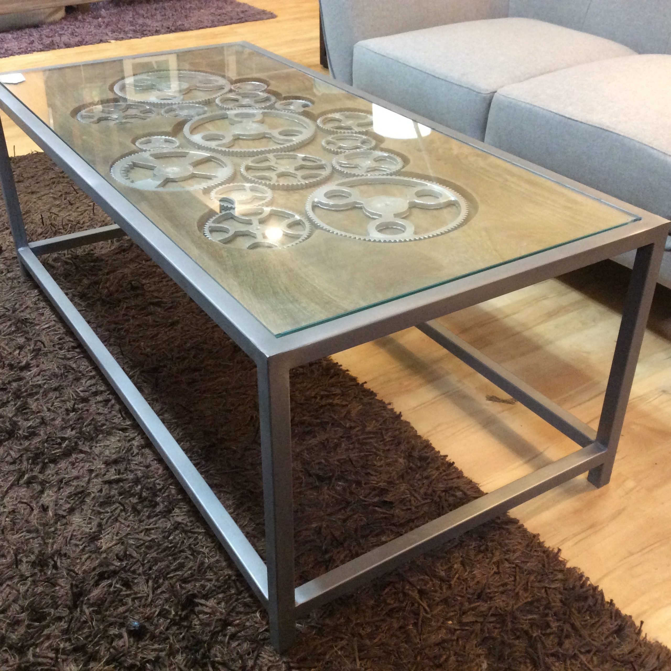 Metal Coffee Tables Regarding Famous Gear Top Glass Metal Coffee Table Sold – Ballard Consignment (View 11 of 20)