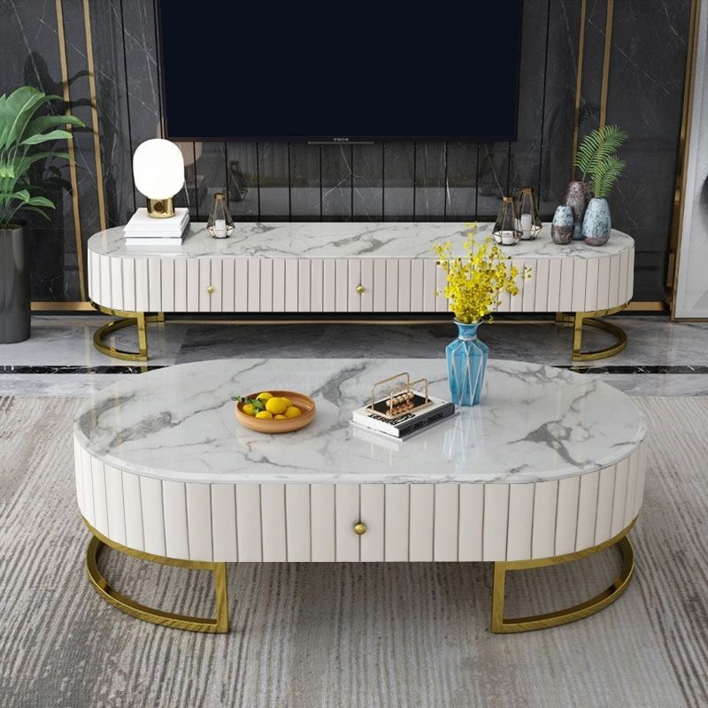 Modern 47" Oval Faux Marble Coffee Table Leather Coffee Inside Well Known Black Metal And Marble Coffee Tables (View 7 of 20)