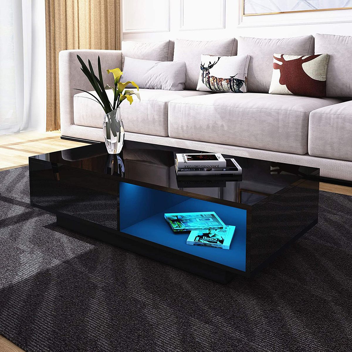 Modern High Gloss Coffee Table With Drawers, Led Sofa Side Throughout Preferred Aged Black Coffee Tables (View 17 of 20)