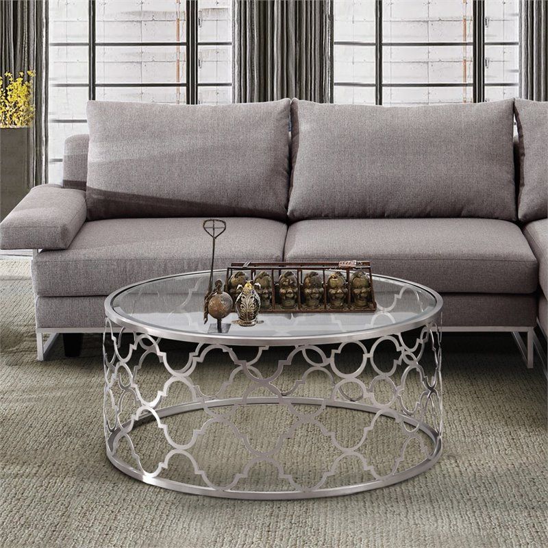 Most Current Antique Silver Metal Coffee Tables Regarding Armen Living Florence Round Glass Top Coffee Table In (View 11 of 20)