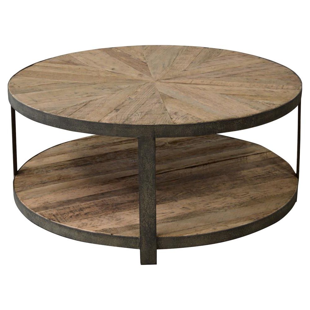 Most Current Cayden Rustic Lodge Brown Oak Iron Base Round Coffee Table Within Black And Oak Brown Coffee Tables (View 18 of 20)