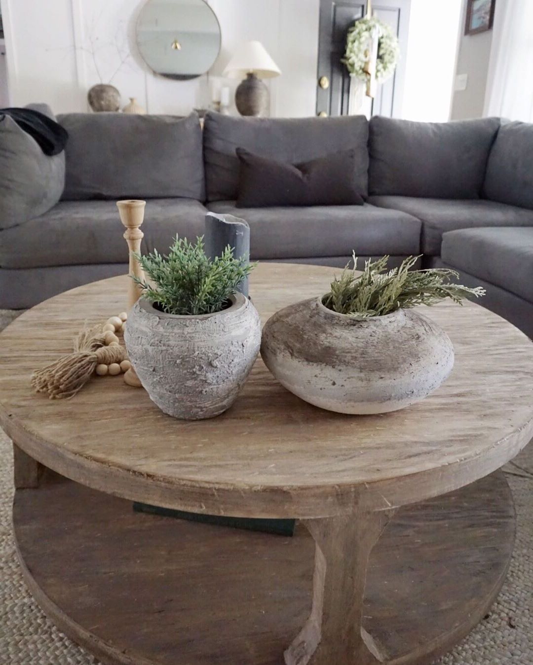 Most Current Round Wooden Coffee Table With Diy Rustic Pottery And Grey With Smoke Gray Wood Square Coffee Tables (View 19 of 20)