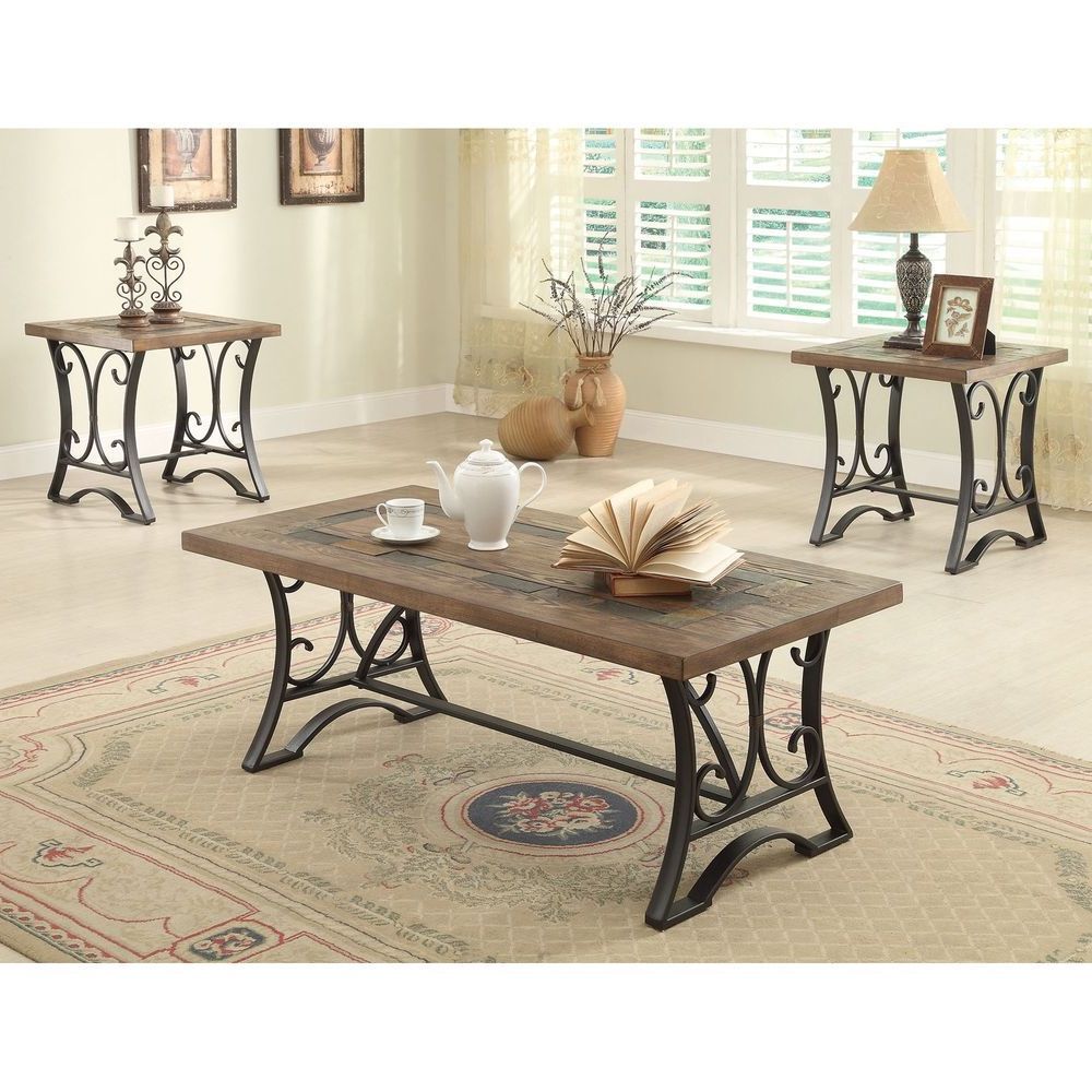 Most Recent Coffee Table Set 3 Piece Rustic Wood Metal 2 End Tables Within 3 Piece Coffee Tables (View 11 of 20)