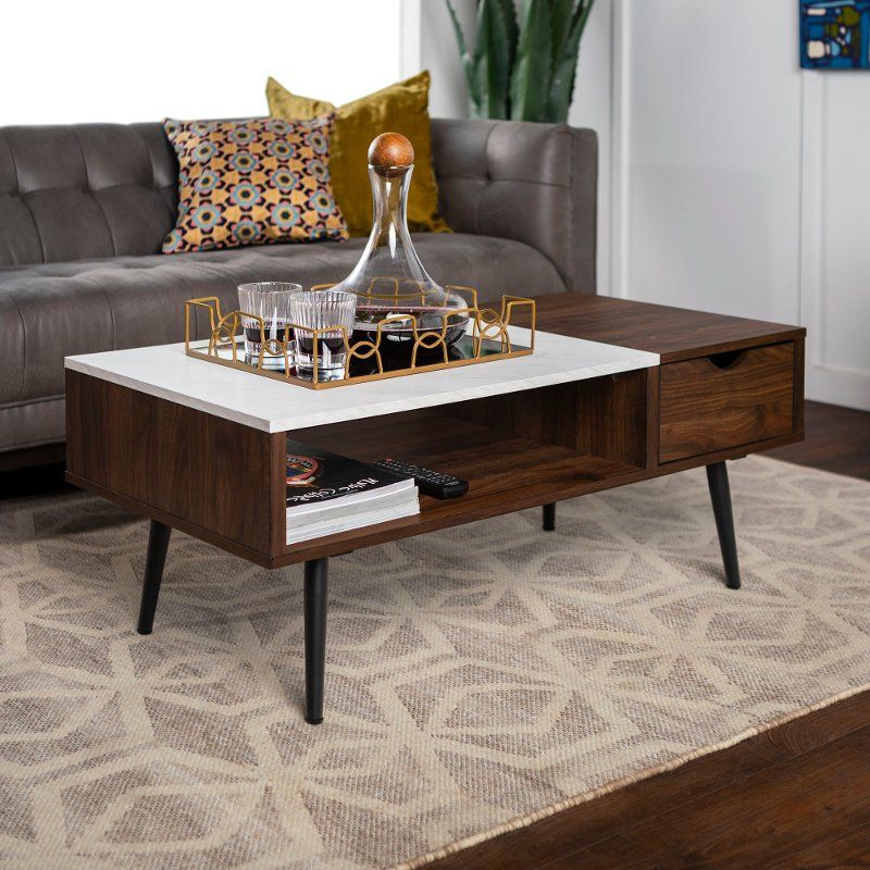 Most Recent Mid Century Modern Faux Marble Coffee Table – Dark Walnut Inside Faux Marble Coffee Tables (View 6 of 20)