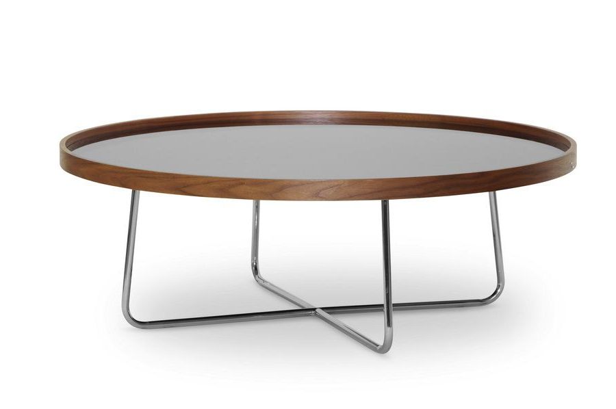 Most Recently Released Black Round Glass Top Cocktail Tables Regarding Lomax Round Walnut Modern Coffee Table With Black Glass (View 10 of 20)