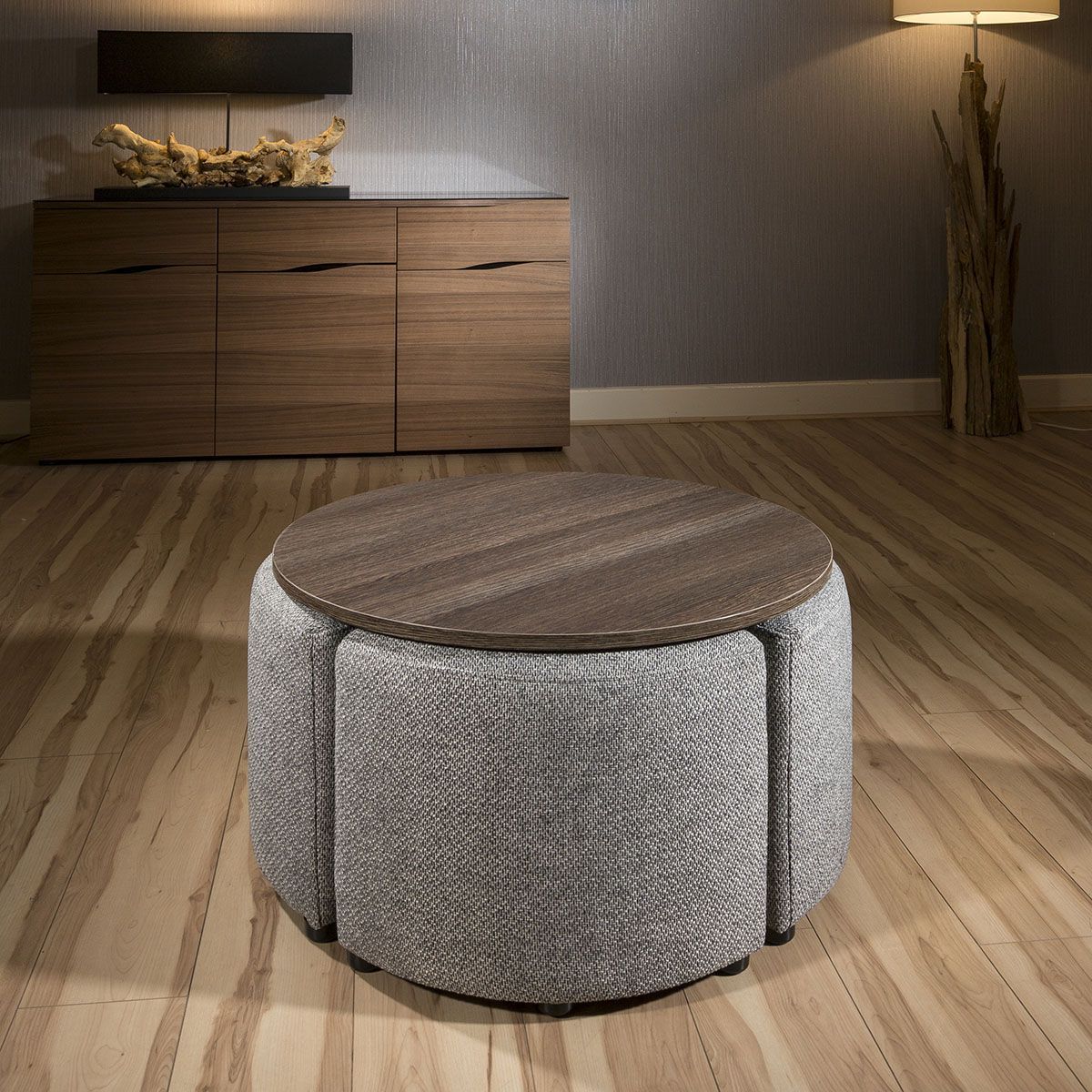 Most Recently Released Gray Wood Black Steel Coffee Tables Intended For Modern Wenge Round Coffee Table With 4 Grey Cushioned (View 12 of 20)