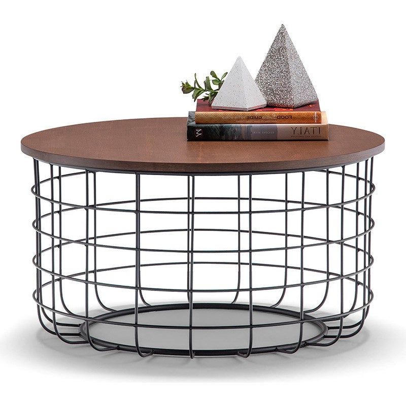 Most Recently Released Round Iron Coffee Tables Throughout Veneer & Iron Round Coffee Table W/ Wire Frame 80cm (View 17 of 20)