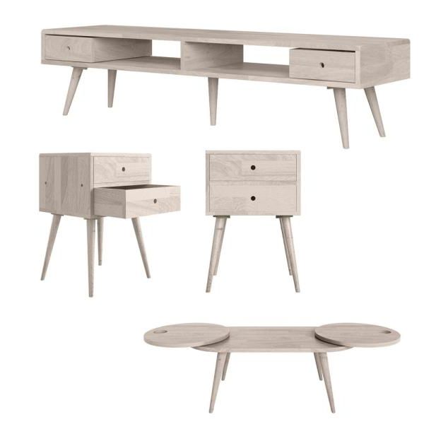 Most Up To Date 2 Drawer Oval Coffee Tables Pertaining To Handy Living Freemont 4 Piece Solid Wood White Wash Table (View 13 of 20)