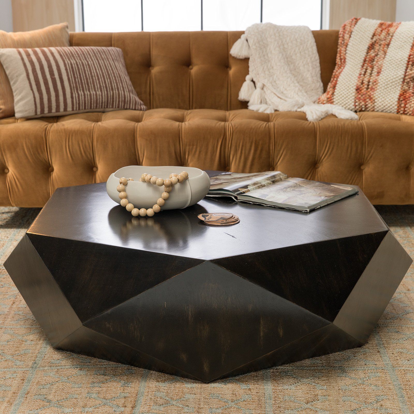 Most Up To Date Aged Black Coffee Tables Regarding Faceted Large Geometric Coffee Table Round Black Wood (View 9 of 20)