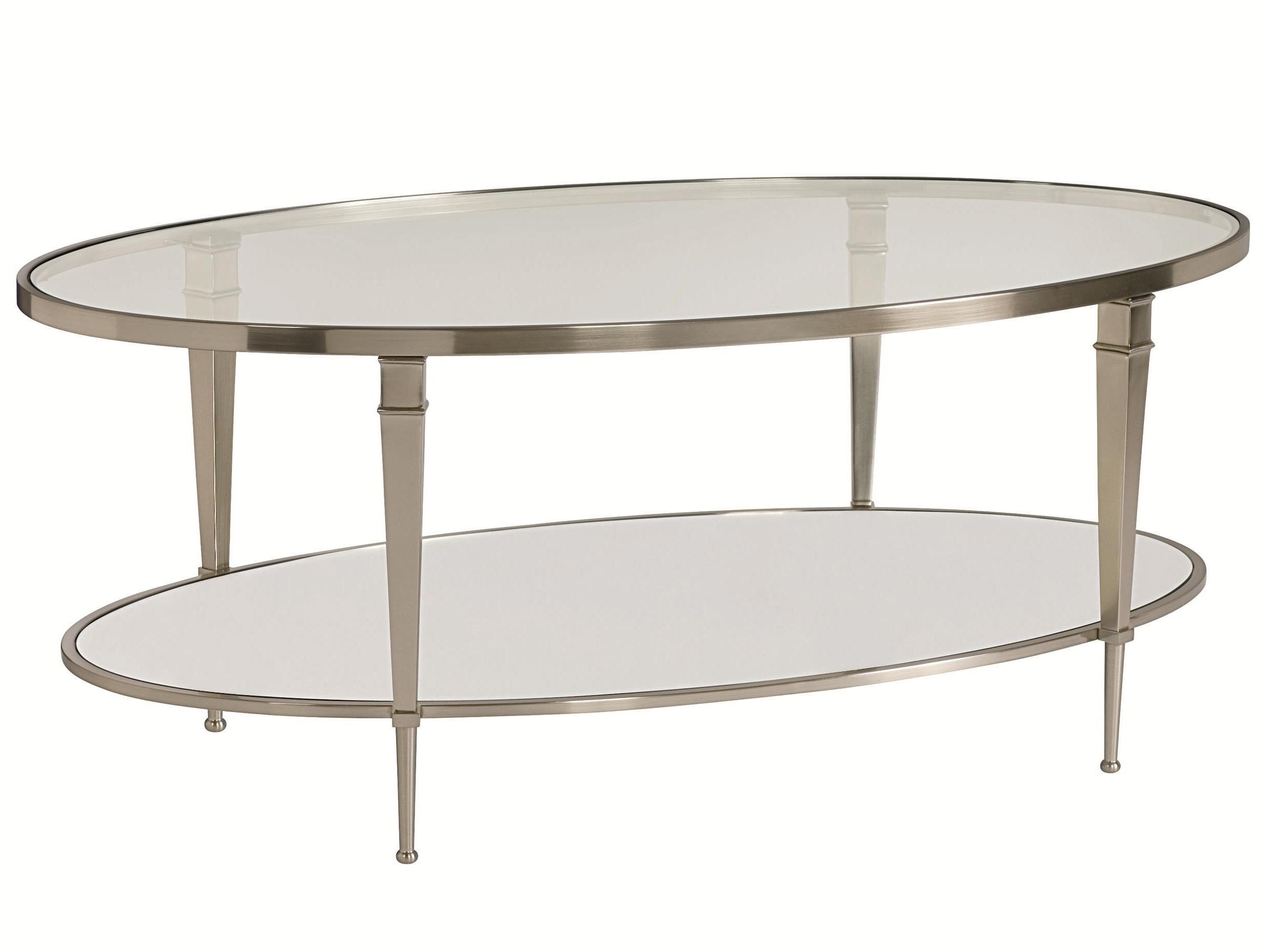 Most Up To Date Oval Satin Nickel Antique Mirror Finish Cocktail Table Pertaining To Mirrored And Silver Cocktail Tables (View 13 of 20)