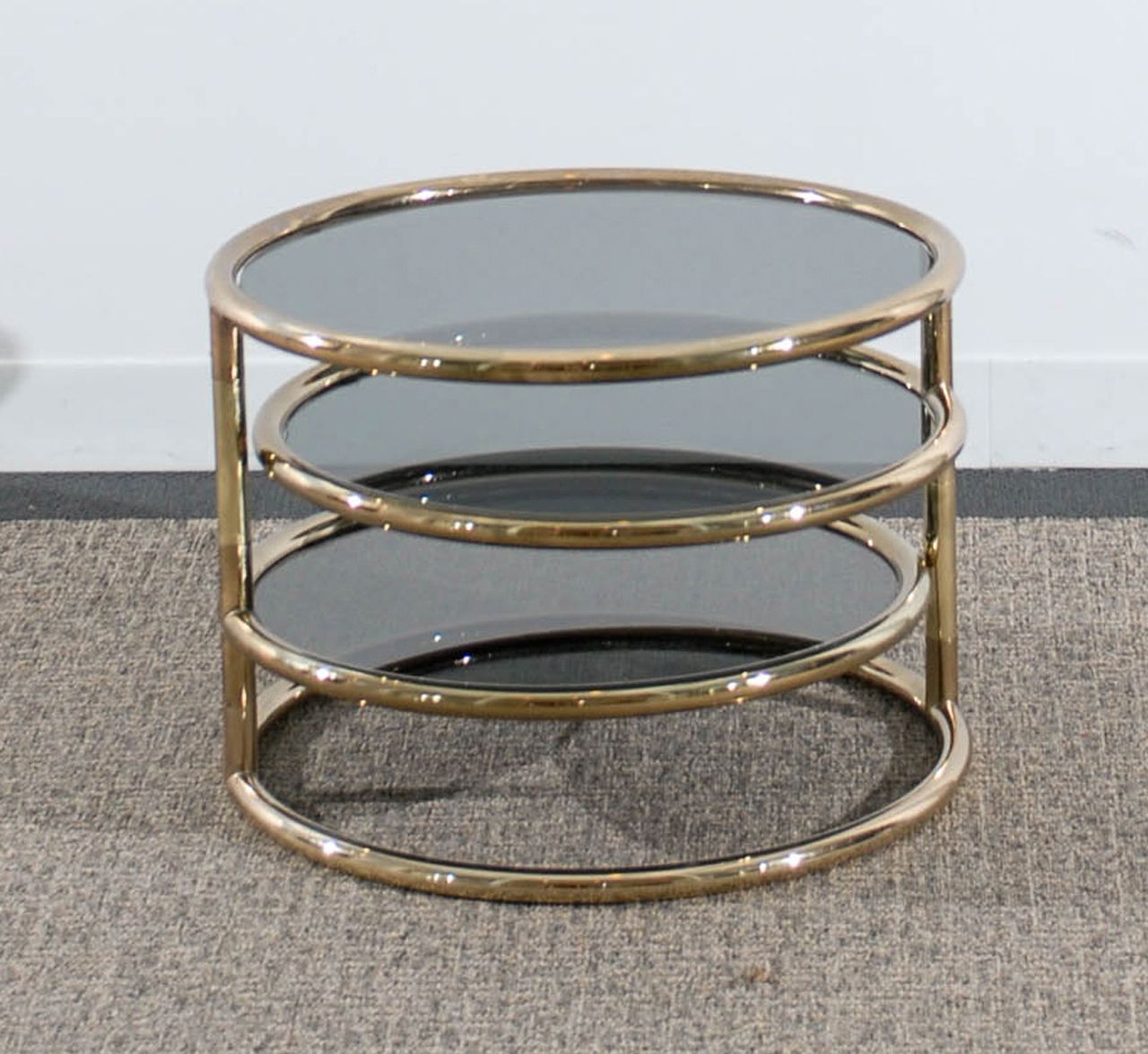 Most Up To Date Pair Of Tubular Brass Three Tiered Tables With Smoke Glass Throughout Brass Smoked Glass Cocktail Tables (View 14 of 20)