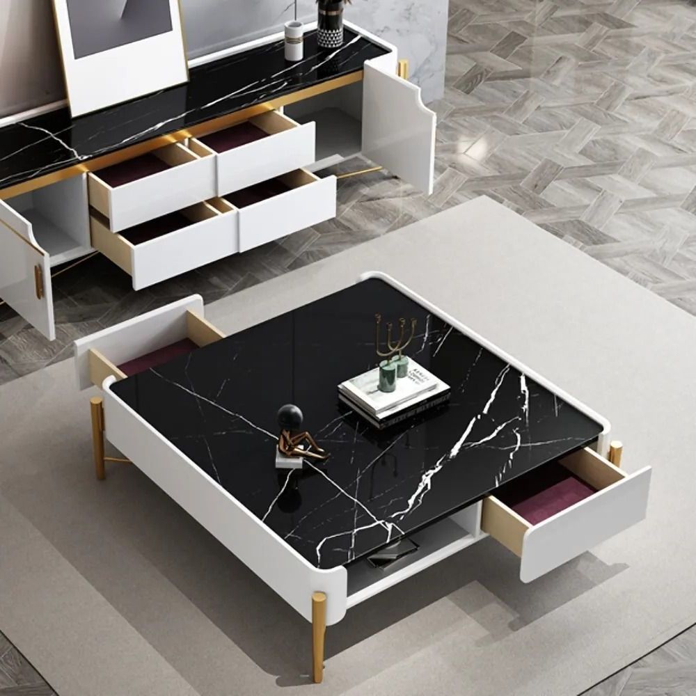 Most Up To Date Swan Black Coffee Tables With White And Black Faux Marble Square Coffee Table With (View 15 of 20)