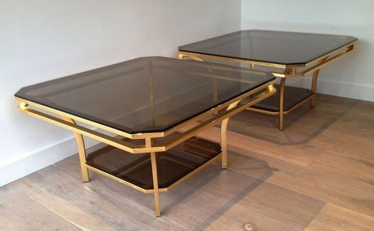 Newest 1970s Square Coffee Table Smoked Glass And Brass, France With Brass Smoked Glass Cocktail Tables (View 3 of 20)