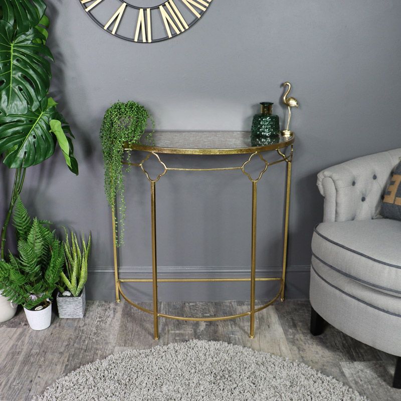 Newest Antique Gold Aluminum Coffee Tables With Antique Gold Metal Demi Lune Hall Table (View 3 of 20)