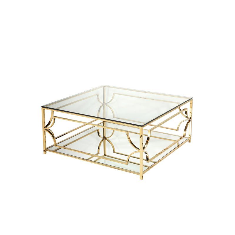 Pangea Home Edward Metal Square Coffee Table With Glass In Regarding Popular Square Black And Brushed Gold Coffee Tables (View 14 of 20)