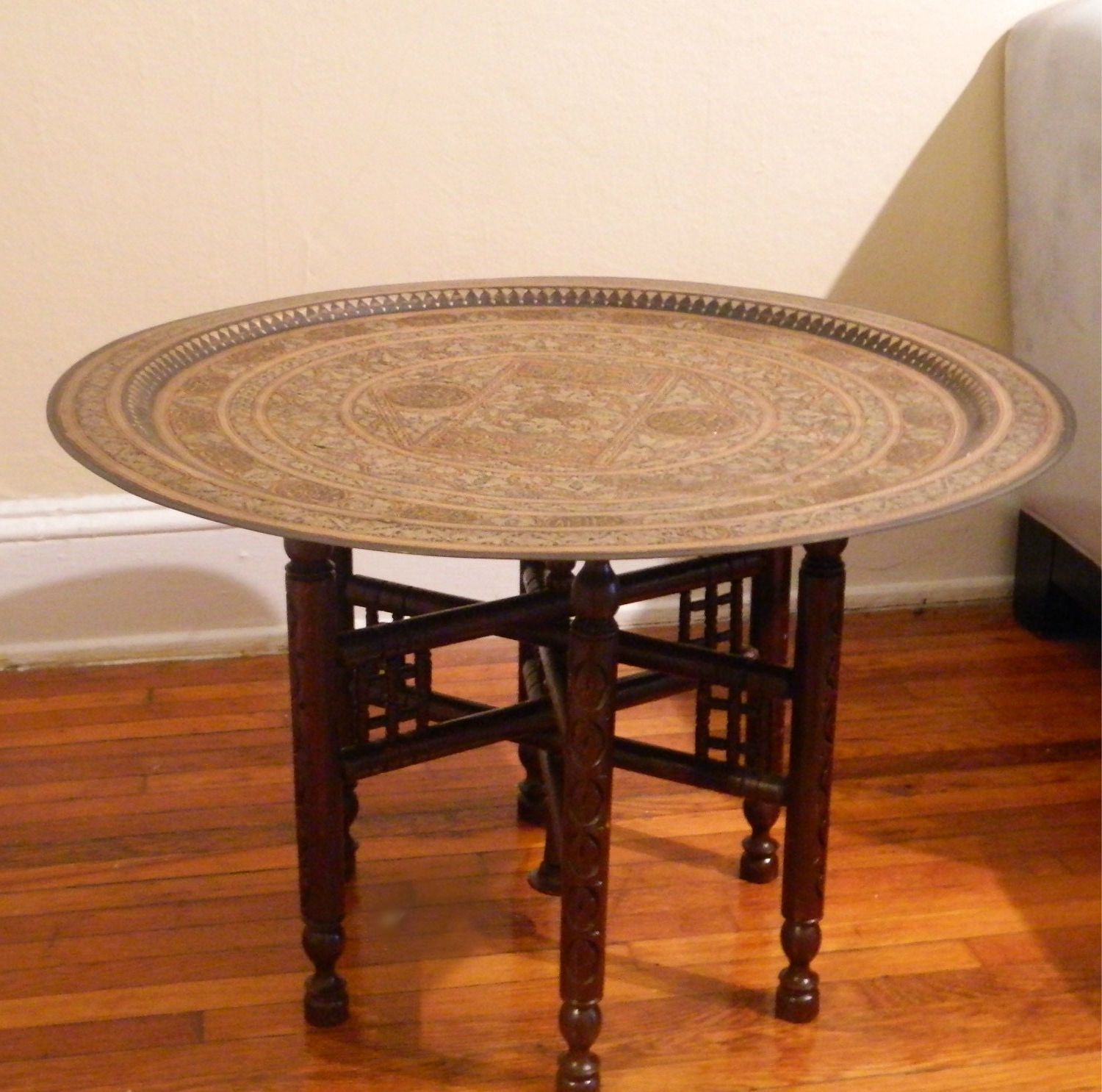 Popular Antique Brass Aluminum Round Coffee Tables With Sale: Round Moroccan Hammered Brass Tray Table (View 4 of 20)